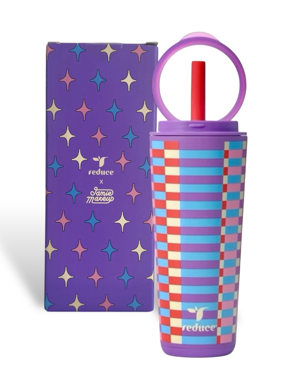 Reduce Jamie Makeup 22oz Tumbler Halo Pop-Up Handle Checkered Purple NWT